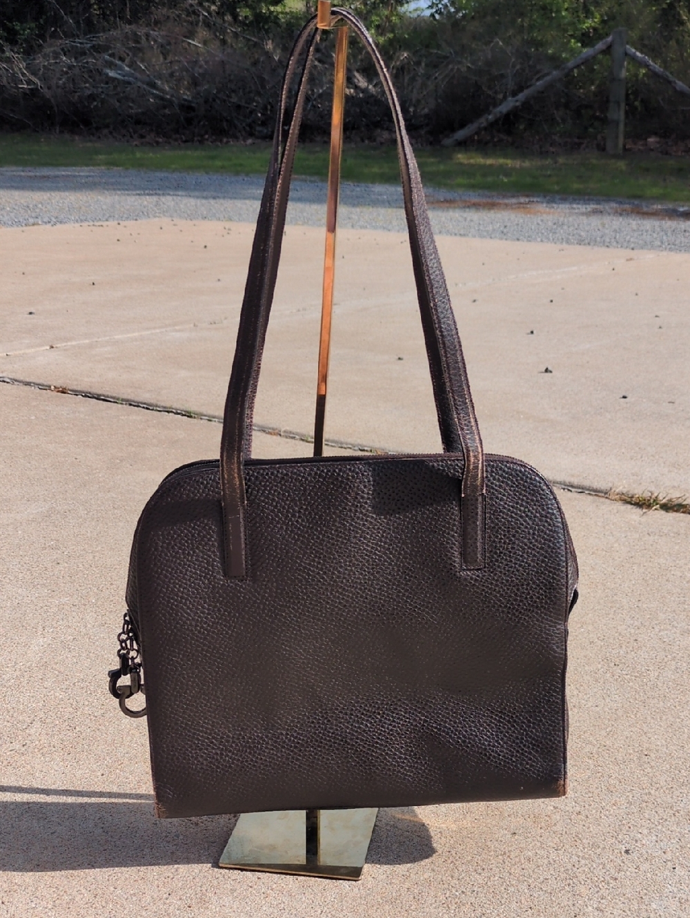 Salvatore Ferragamo Gancini Dark Brown Leather Shoulder Bag Gunmetal Charm